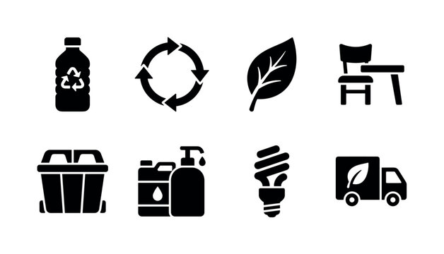 Sustainable resource cycle. Filled icon set of Sustainable resource cycle: recycled bottle, circular arrows, green leaf, upcycled furniture, waste sorting bin, refill container, energy efficient bulb,