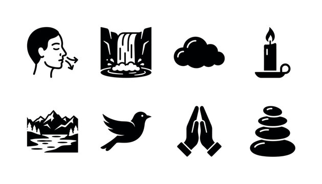 Mindfulness in Nature. Filled icon set of mindfulness in nature: breathing exercise icon, waterfall, serene cloud, calming candle, mountain lake, bird silhouette, prayer hands, zen stones. Solid icons
