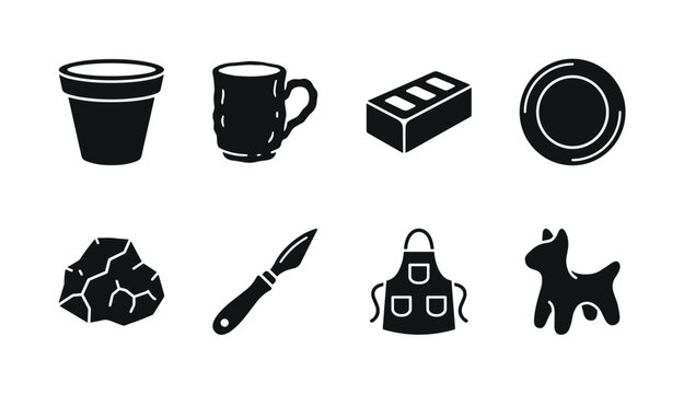 Earth-based Ceramics. Filled icon set of earth-based ceramics: terracotta pot, handmade mug, clay brick, ceramic plate, natural mineral stone, sculpting knife, pottery apron, drying clay sculpture.