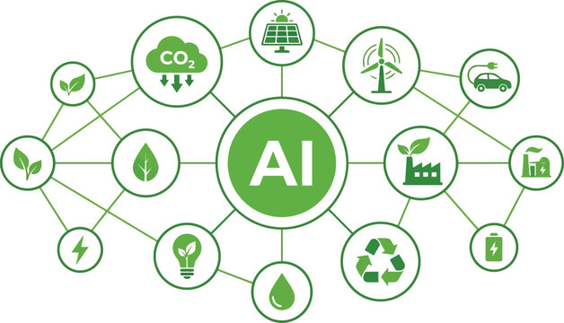 Green artificial intelligence network diagram showing eco friendly technology solutions for a sustainable global future