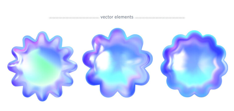 Glossy holographic 3D flower badge stickers and vector elements set
