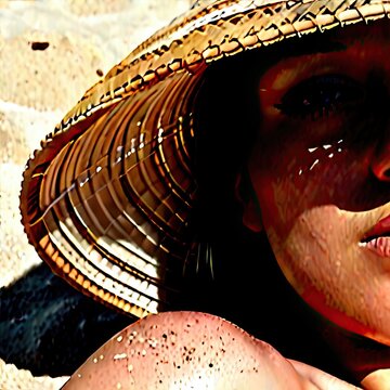 Woman wearing straw hat serene basking in sunlight on sandy shore [with copy space]