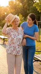 Naklejka premium Elderly woman feeling intense heat, receiving assistance from caring person, hot weather day in natural outdoor setting, experiencing overheating, health concern, peak season