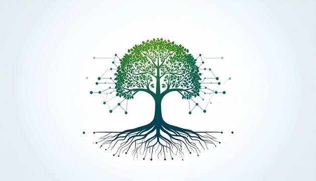 Minimalist tree silhouette with circular roots on white background.