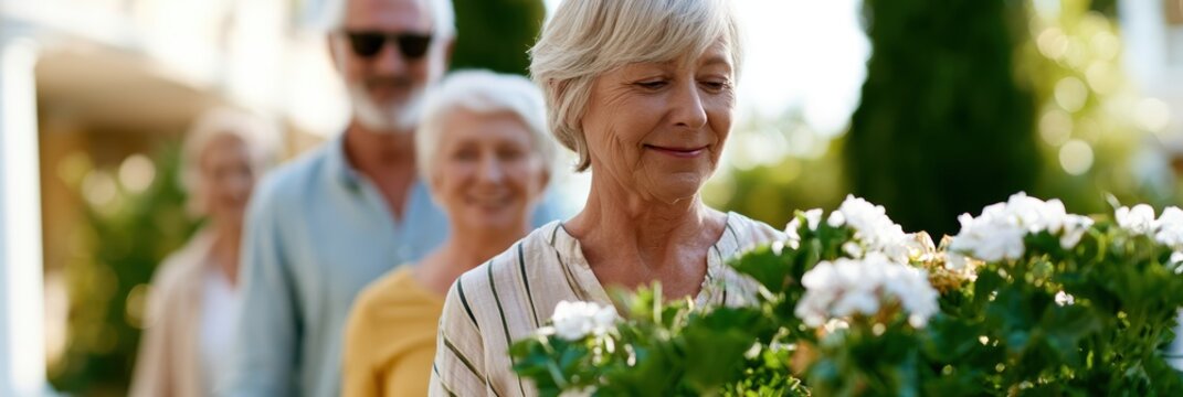 energetic seniors enjoying gardening and light exercise in a beautiful residential courtyard at sunset, promoting a healthy and vibrant lifestyle in a modern senior community