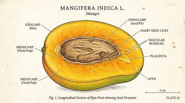 Detailed illustration of a mangos internal structure and anatomy labeled