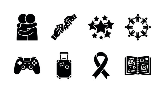 Supportive Friendships. Filled icon set of Supportive Friendships: caring embrace, shared pizza slice, friendship stars, community circle, game night controller, travel suitcase, emotional support