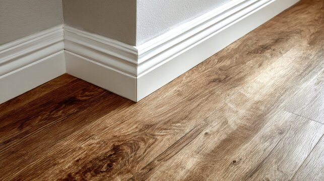 Close-up of white decorative baseboard and wood-textured laminate flooring in a modern home interior