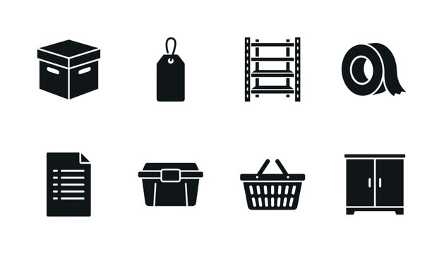 Organizing storage systems. Filled icon set of Organizing storage systems: archive box, hanging label tag, shelving unit, packing tape, inventory sheet, reusable container, sorting basket, storage