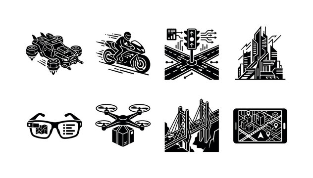 High tech cyberpunk metropolis. Filled icon set of High tech cyberpunk metropolis: armored hover vehicle, laser motorcycle, smart traffic system, futuristic skyscraper, augmented reality glasses,