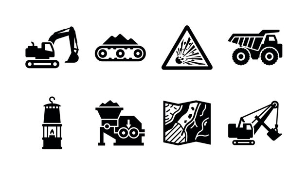 Industrial Resource Extraction. Filled icon set of industrial resource extraction: coal chunk, mineral crystal, underground rail tracks, geological hammer, seismic sensor, drilling core sample, heavy
