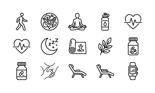 Healthy Aging and Wellness. Line outline icon set of Healthy Aging and Wellness: walking exercise, healthy meal, meditation pose, water bottle, heart pulse, sleep moon, yoga mat, wellness leaf,