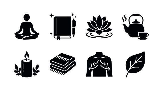 Mindful Lifestyle. Filled icon set of mindful lifestyle: yoga pose, gratitude journal, calming lotus, herbal tea kettle, wellness candle, soft blanket, breathing exercise icon, nature leaf. Solid