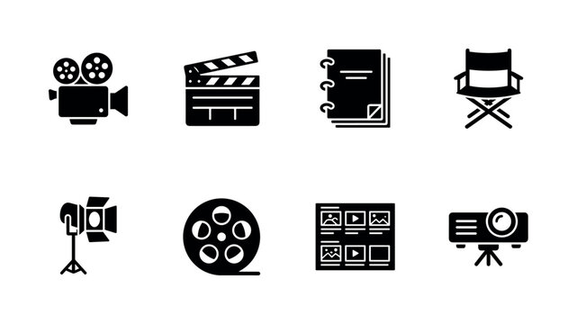Cinematic Storytelling. Filled icon set of Cinematic Storytelling: film camera, movie clapperboard, screenplay script, director chair, dramatic spotlight, film reel, storytelling storyboard, cinema