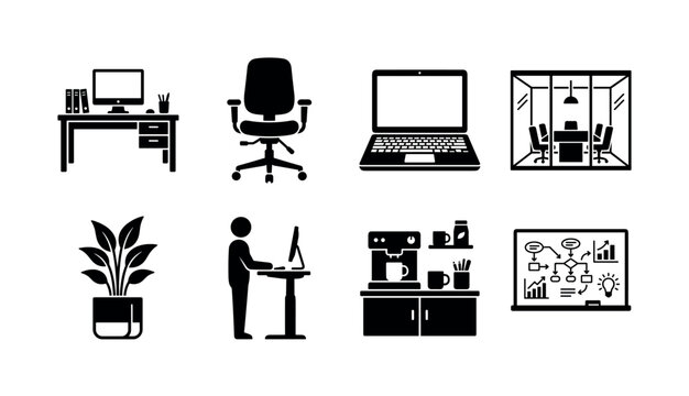 Modern Office Environments. Filled icon set of Modern Office Environments: open workspace desk, ergonomic office chair, laptop computer, glass meeting room, indoor office plant, standing desk, coffee