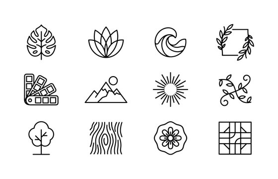 Graphic design trends nature inspired design example. Line outline icon set of Graphic design trends nature inspired design example: tropical leaf, abstract flower, organic wave shape, botanical