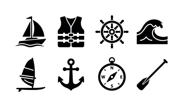 Sailing and Water Sports. Filled icon set of sailing and water sports: sailboat, life jacket, steering wheel helm, ocean wave, windsurf board, anchor, nautical compass, paddle. Solid icons set. All