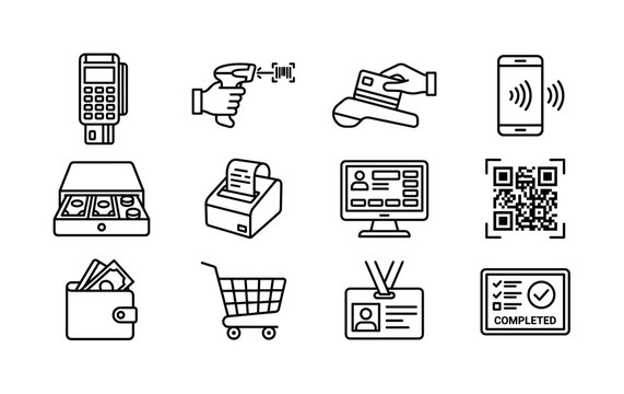 Point of sale technology. Line outline icon set of Point of sale technology: POS machine, barcode scanner, credit card swipe, mobile payment, cash drawer, receipt printer, touchscreen register, QR