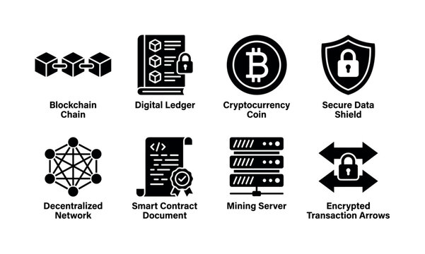 Blockchain Technology. Filled icon set of Blockchain Technology: blockchain chain, digital ledger, cryptocurrency coin, secure data shield, decentralized network, smart contract document, mining
