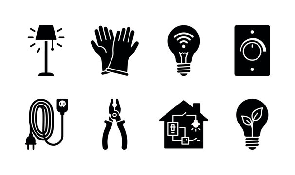 Residential Electrical Lighting. Filled icon set of Residential Electrical Lighting: floor lamp, electrician gloves, smart bulb, dimmer switch, extension cable, pliers tool, home wiring diagram,