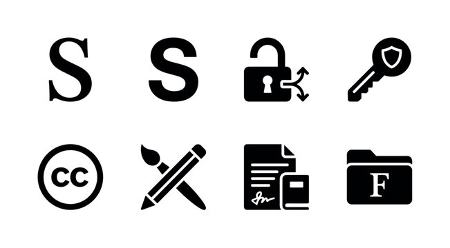 Typography Licensing. Filled icon set of typography licensing: serif font sample, sans serif text block, open source icon, software license key, creative commons badge, design toolkit, publishing