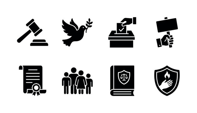 Civil Rights. Filled icon set of civil rights: justice gavel, peace dove, voting ballot, community protest sign, legal document, diversity group, constitutional book, human rights shield. Solid icons