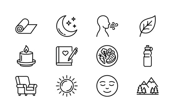 Mental Wellness and Relaxation. Line outline icon set of Mental Wellness and Relaxation: yoga mat, peaceful moon, breathing exercise, wellness leaf, spa candle, gratitude journal, healthy meal, water