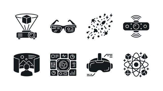 Interactive Visual Technology. Filled icon set of interactive visual technology: holographic projection, augmented reality glasses, digital light particles, motion tracking camera, immersive screen,