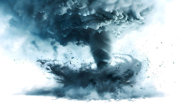 Powerful tornado with dark storm clouds and debris swirl in the sky