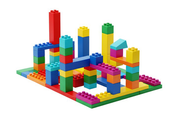 Naklejka premium Colorful Plastic Interlocking Lego Building Blocks Assembled on Transparent Background. National Lego Day