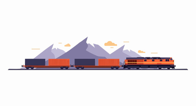 Freight train with shipping containers in mountain landscape flat vector illustration for logistics and global trade