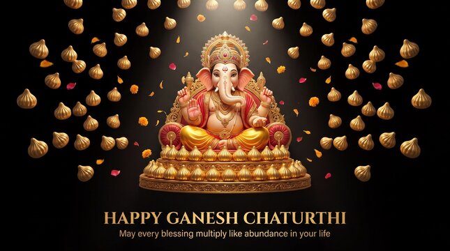 Ganesh chaturthi devotional poster featuring lord ganesha seated on an ornate golden throne surrounded by floating modak sweets and floral petals on black background