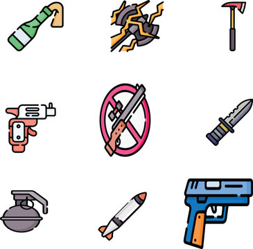 Melee Weapons, Firearms, and Prohibition Signs Flat Color Line Icon Set