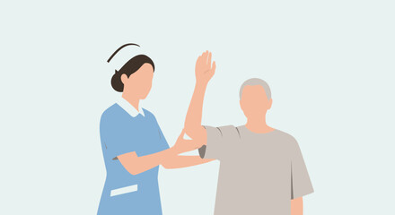 Fototapeta premium Nurse assisting elderly man with arm physical therapy exercise, rehabilitation, and healthcare
