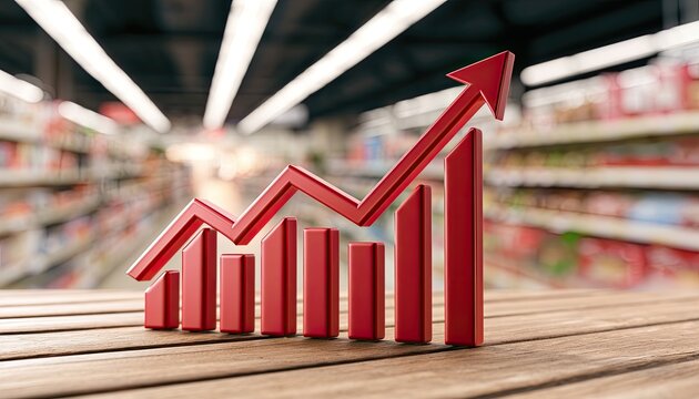 Red bar graph with arrow trending upwards on wooden table