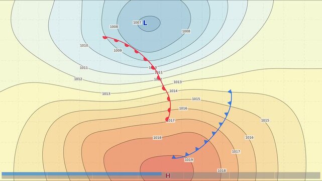 Weather forecast animation with moving high and low pressure zones, warm and cold atmospheric fronts. Dynamic animated synoptic chart shows pressure system with isobar lines