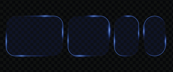 Set of blue glass frames with glowing borders. Glass PNG. Glass panels of different shapes with neon frames. © VectForest