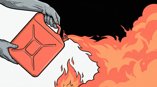 A hand pouring gasoline from a can onto a fire, symbolizing the aggravation of problems and making a bad situation worse