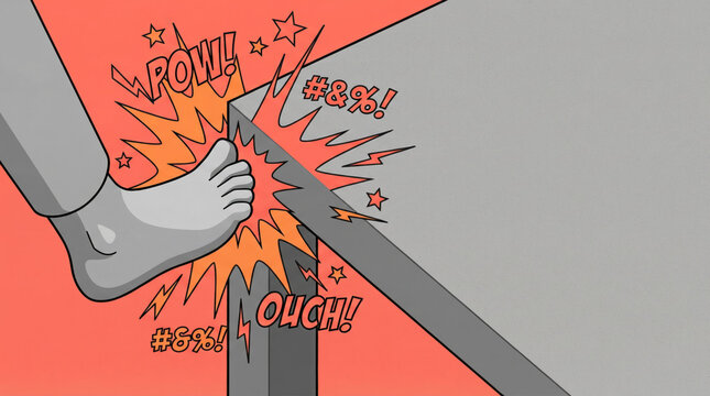 A foot stubbing a table corner with a burst of pain, a comic illustration for accidents, sudden pain, and everyday mishaps