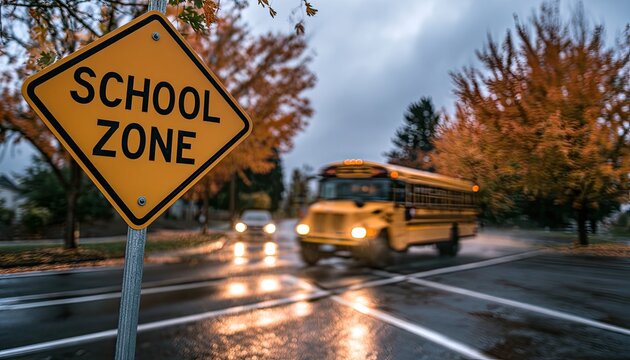 Yellow school bus in wet intersection under cloudy autumn sky