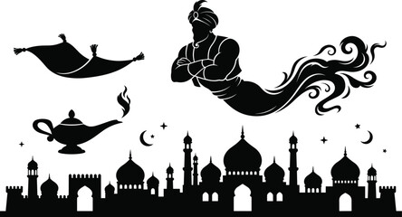 Arabian nights fairytale black silhouette vector collection with a genie magic lamp flying carpet and ancient city skyline © Maya