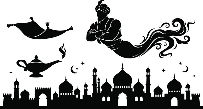Arabian nights fairytale black silhouette vector collection with a genie magic lamp flying carpet and ancient city skyline