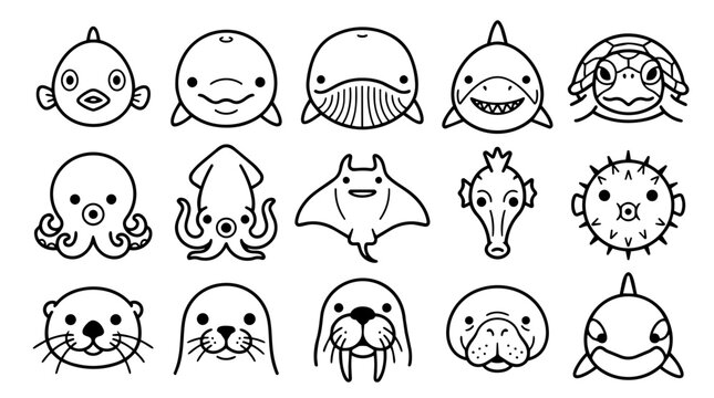 Cute marine animal heads and full body icons set
