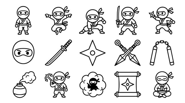 Cute cartoon ninja characters and weapons set