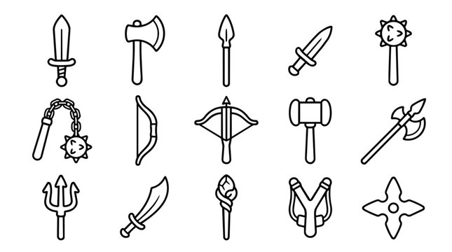Set of fantasy and medieval weapon outline icons