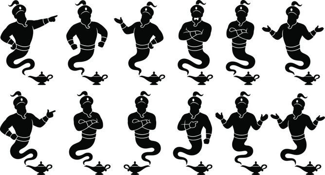 Arabian nights genie and magic lamp black silhouette vector set featuring a variety of powerful cartoon spirits in different poses