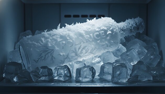 Frozen bottle of vodka in freezer chilled with frost and ice crystals lying on ice cubes, representing an ice cold premium alcohol beverage presentation concept