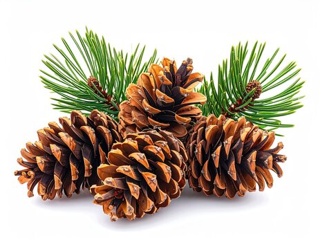 Group of brown pinecones nestled with green pine needles on white