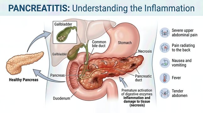 Pancreatitis, pancreatic inflammation, digestive disorder, acute medical condition, severe abdominal pain, nausea, vomiting, fever, tissue necrosis, enzyme damage, human pathology