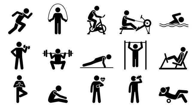 Various fitness and exercise activities icon set
